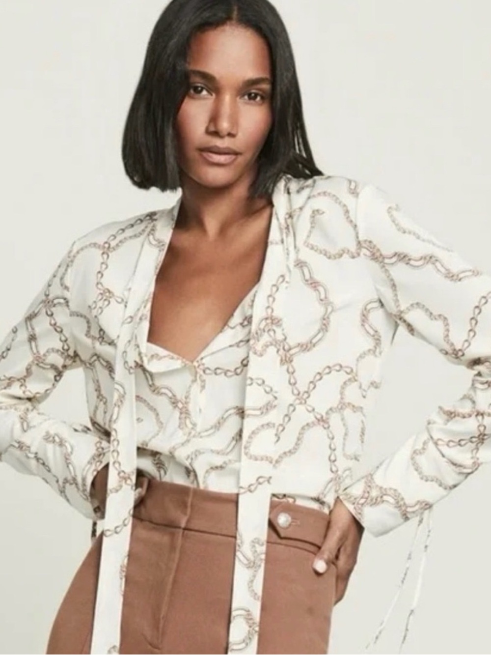 VERONICA BEARD Remi Chain-print Stretch-silk Blouse In Cream Size 8